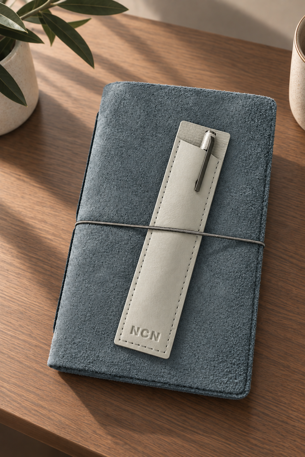 A blue-gray textured planner or notebook cover tied with a thin elastic band, featuring a light beige leather strap with a pen loop and a pen, placed on a wooden tabletop.
