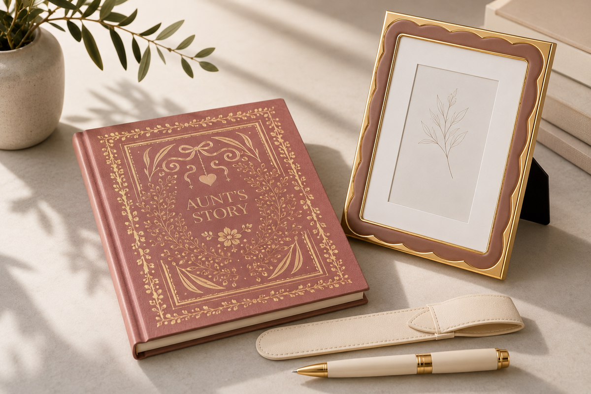 A styled flat-lay featuring a hardcover book titled 'Aunt's Story' in dusty rose with gold foil detailing, a decorative picture frame with a gold and brown frame, a cream leather strap, and a matching cream and gold pen on a light marble surface.