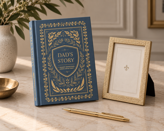Blue Dad’s Story journal with gold botanical detailing, displayed upright beside a gold picture frame and matching gold pen on a marble tabletop.