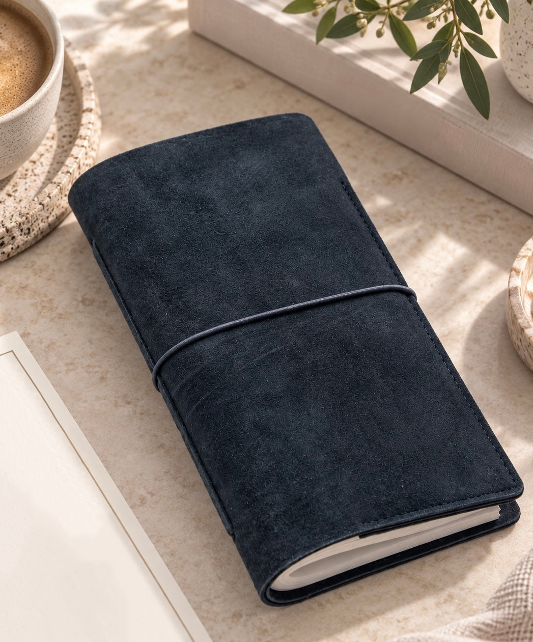 Navy blue journal with elastic closure on a stone surface beside a coffee cup and greenery.