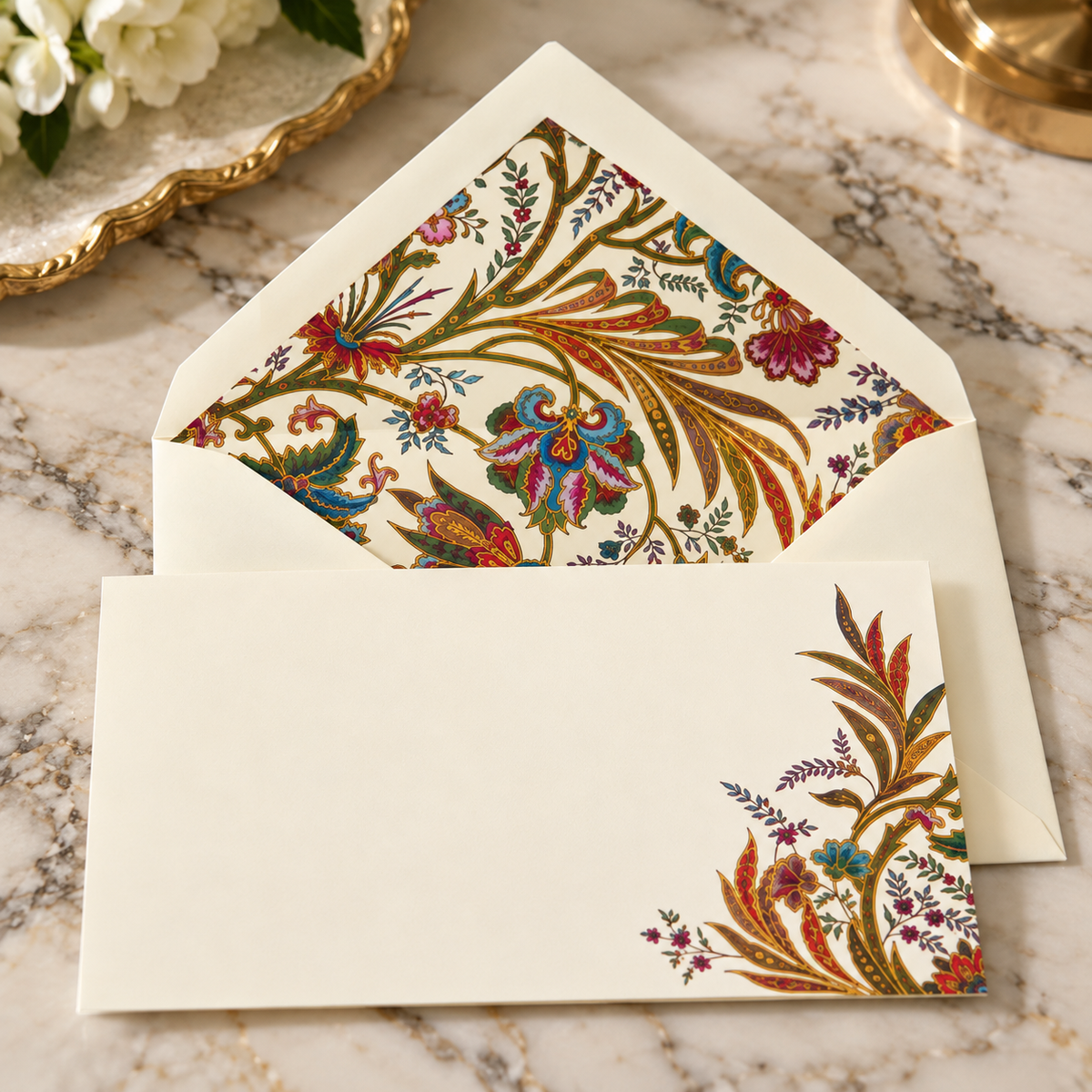 A cream-colored stationery set featuring a matching envelope and card with an ornate, multicolored botanical and floral pattern printed on the inside of the envelope and the lower-right corner of the card, displayed on a marble surface.