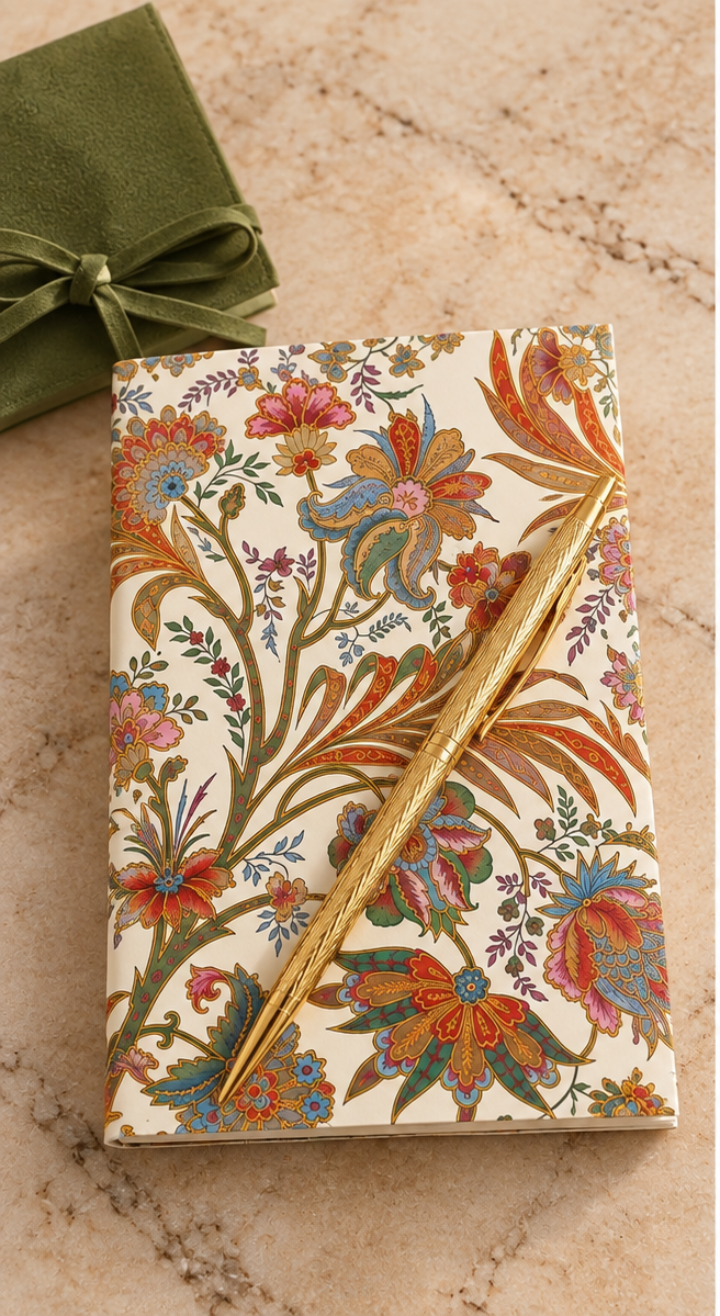 A floral-patterned notebook with a gold pen resting on top, placed on a beige stone surface next to an olive green gift box.