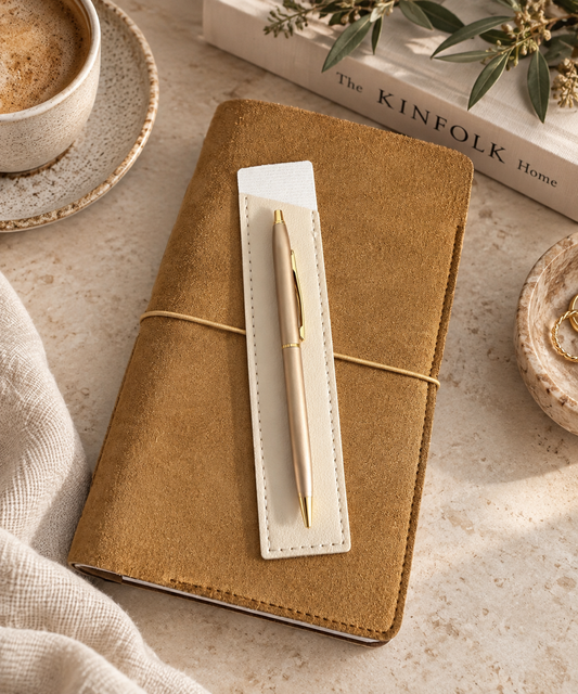 Tan suede journal with elastic closure and cream pen holder, styled with a matching gold pen on a neutral tabletop.