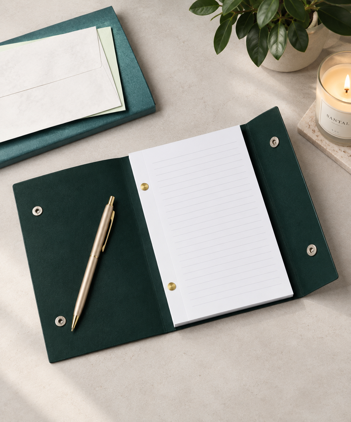 Dark green leather journal open with lined pages and gold pen