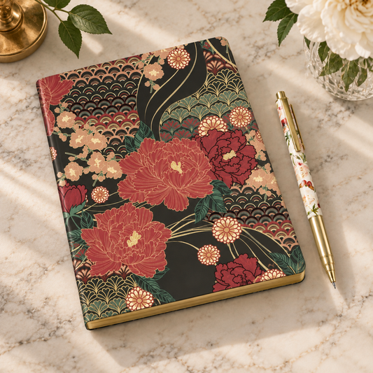 Floral hardcover journal with gold-edged pages and decorative pen on marble surface