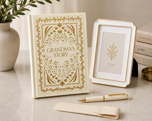Grandma’s Story keepsake book with gold detailing, framed photo, white and gold pen, and leather pen holder styled on a neutral tabletop.