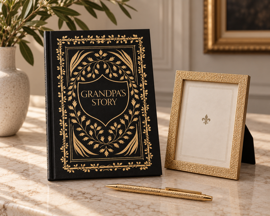 Black hardcover journal titled ‘Grandpa’s Story’ with an ornate gold botanical design, displayed beside a gold picture frame and matching gold pen on a marble tabletop.