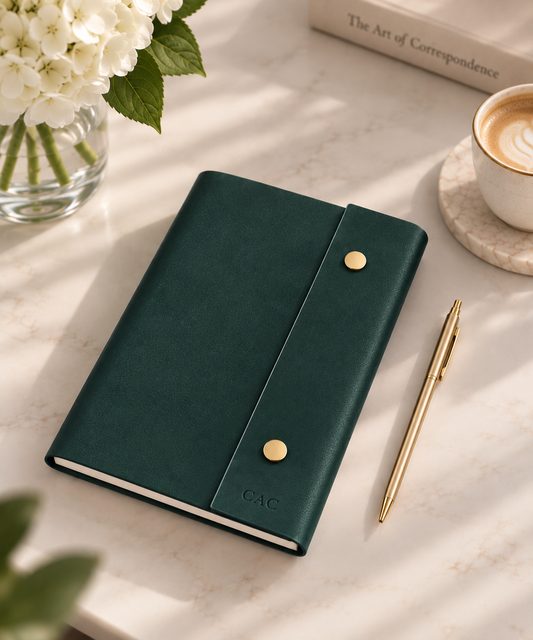 Dark green leather journal with gold pen on a marble desk