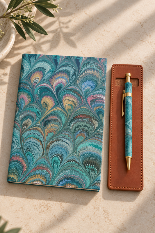 Green marbled journal with matching pen in a leather pen holder