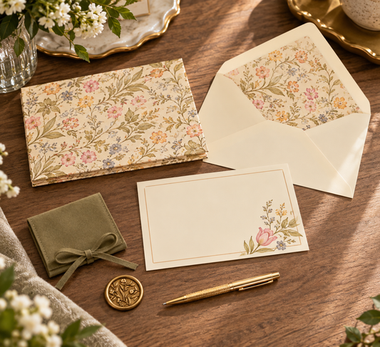 Italian floral correspondence stationery with patterned envelope and gold pen