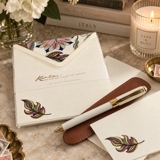 Italian floral correspondence stationery with white envelopes and gold pen