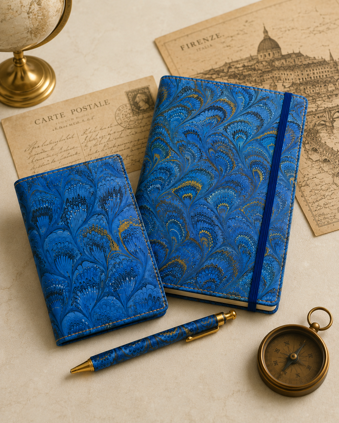 Blue patterned travel journal with matching passport holder and coordinating pen, styled with a vintage map, compass, and globe.