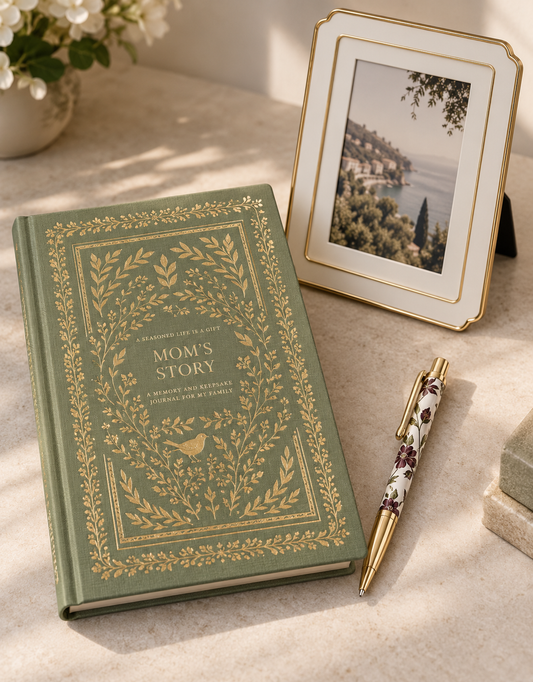 Elegant green “Mom’s Story” keepsake journal with gold botanical detailing, paired with a floral pen and framed family photo on a warm marble surface.