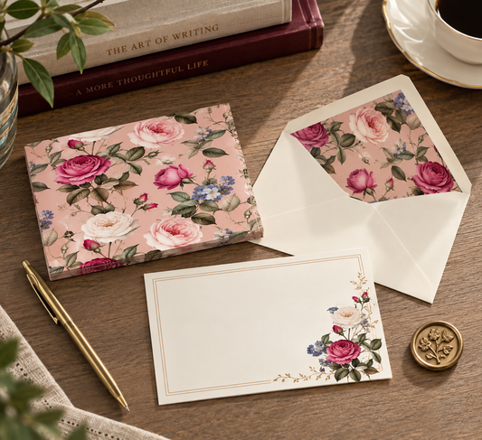 Floral Italian correspondence set with pink rose stationery, cream card, envelope, and gold pen