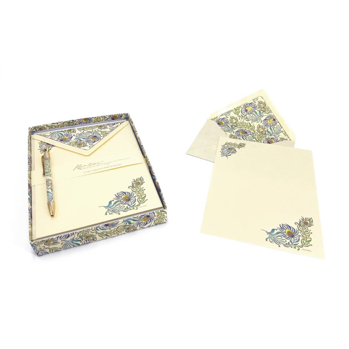 Set of stationery items with floral designs on a white background