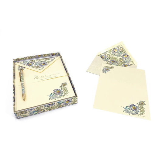 Set of stationery items with floral designs on a white background