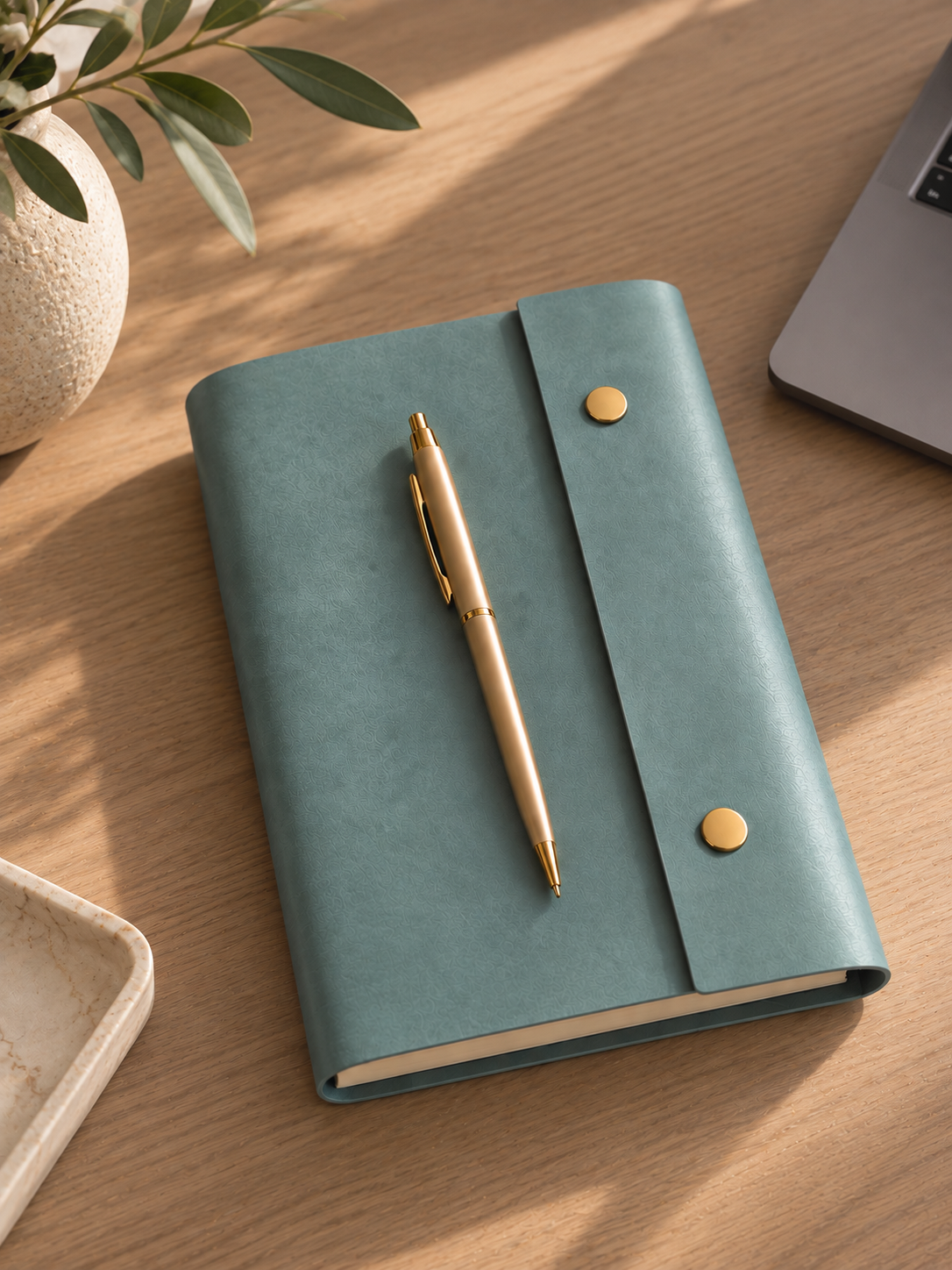 Teal leather journal with gold pen on a wood desk