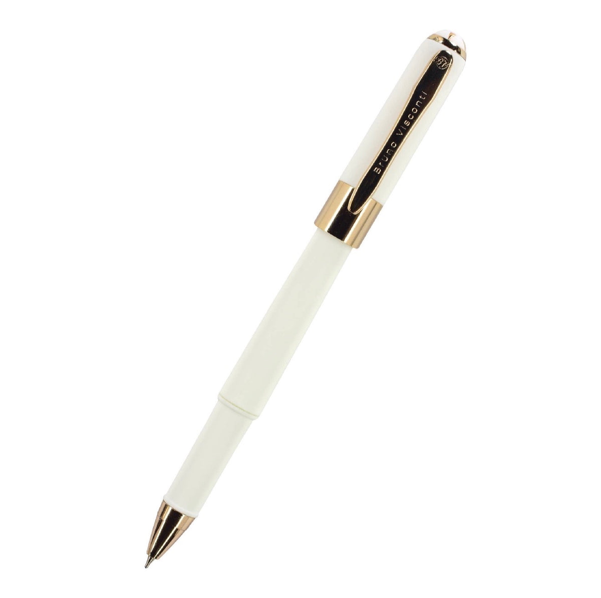 A white ballpoint pen with gold accents and a black clip